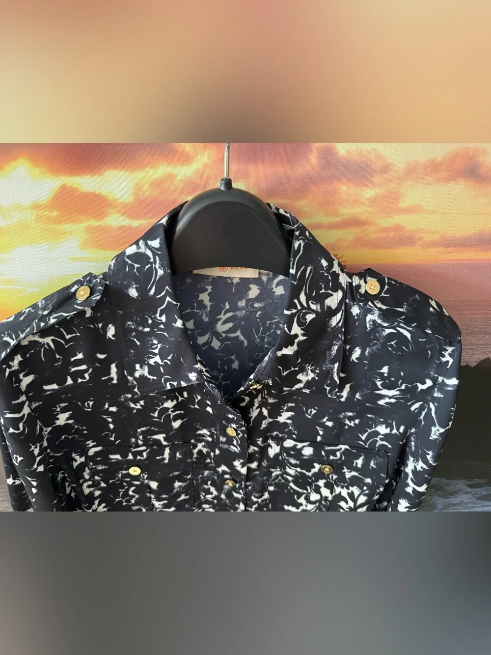 Tory Burch Black&White Printed Long Sleeve Button-Up Utility Shirt/ 4/ New
